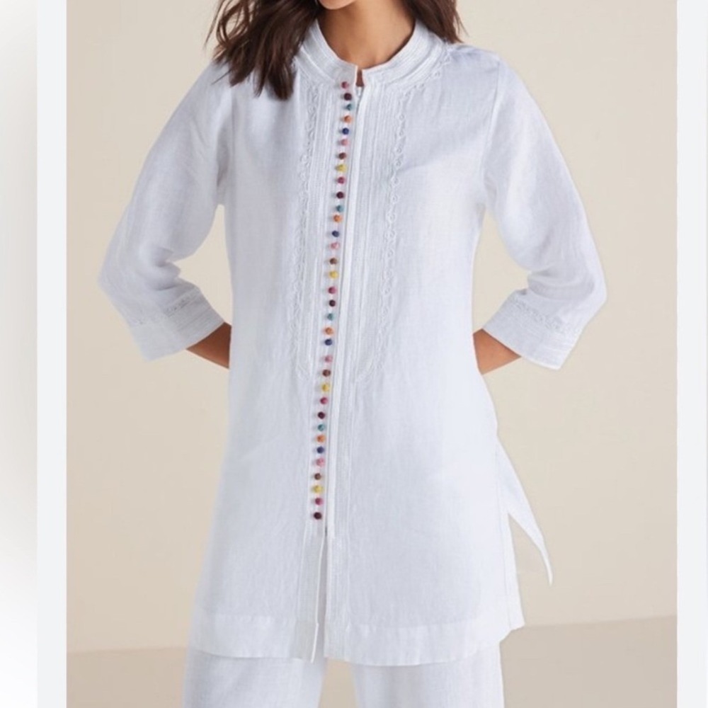 Soft Surroundings Desert Tunic White Linen Embroidered Top Resort Wear Petite M